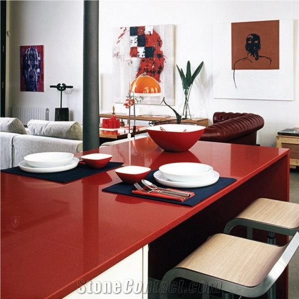 Rosy Red Man-Made Stone Slabs for Worktops and Kitchen Tops/Engineered Quartz Stone/Engineering Stone Slabs and Tiles/Artificial Stone Counter Tops/Stone Reception Desk/Stone Island Tops