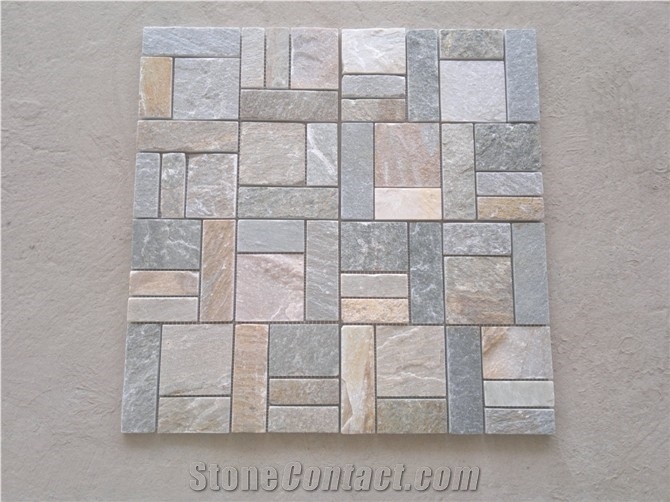 P014 Yellow Wooden Beige Slate Mosaic Pattern