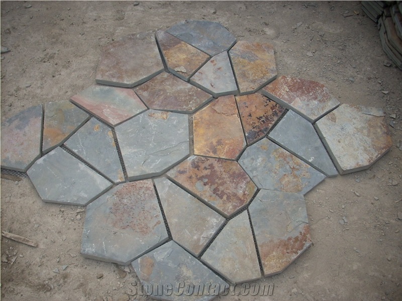 Fargo Meshed Flagstones, Rusty Slate Flagstone Patio, Multi-Color Slate Road Paving, Courtyard/Walkway Pavers