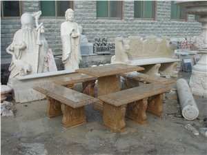 Brown Marble Hand Carved Marble Table & Bench