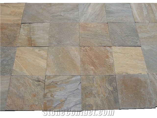 China Gold Color Slate Flooring Tiles, China Yellow Slate
