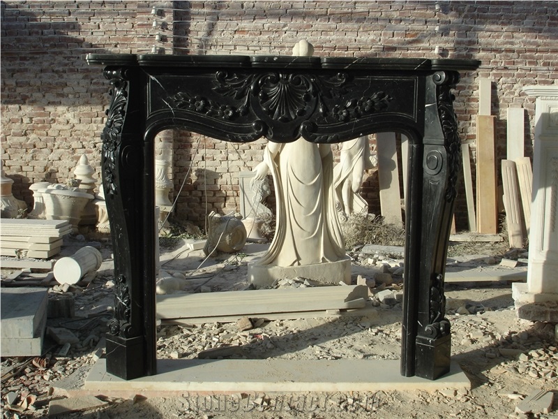 Flower Hand Carved Black Marble Fireplace Surround Hearth Mantel