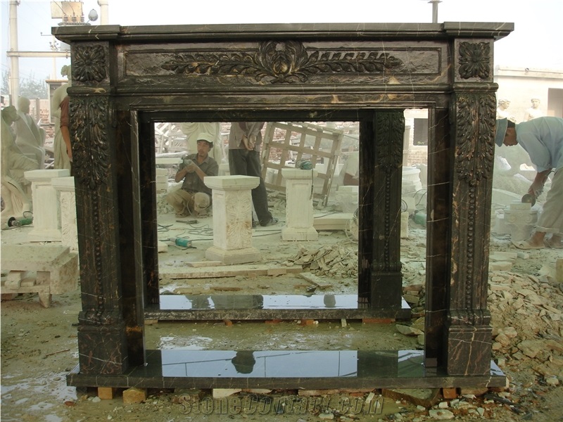 Flower Hand Carved Black Marble Fireplace Surround Hearth Mantel