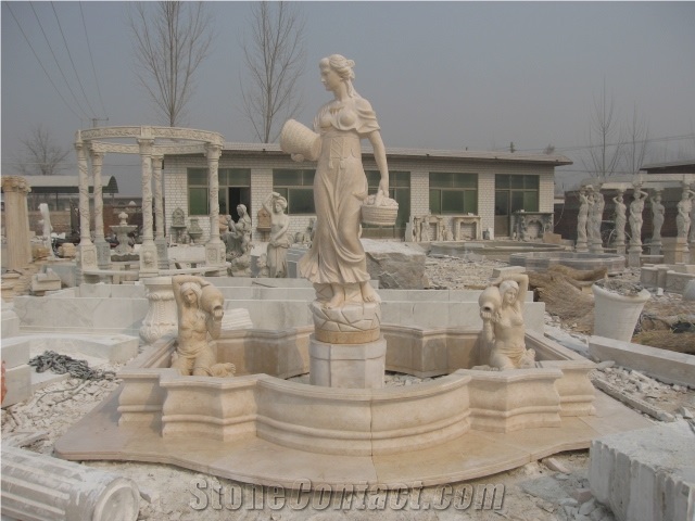 Hand Carved Beige Marble Pool Fountain with Statue Figure