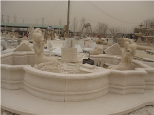 Hand Carved Beige Marble Pool Fountain with Statue Figure