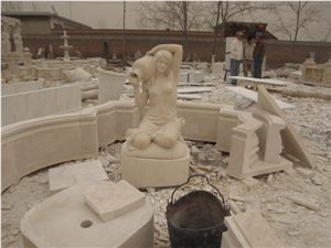Hand Carved Beige Marble Pool Fountain with Statue Figure