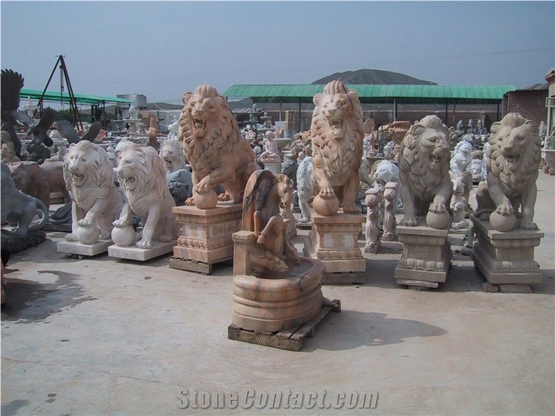 Hand Carved Lion Statue Sculpture Pink Marble Garden Custom Made