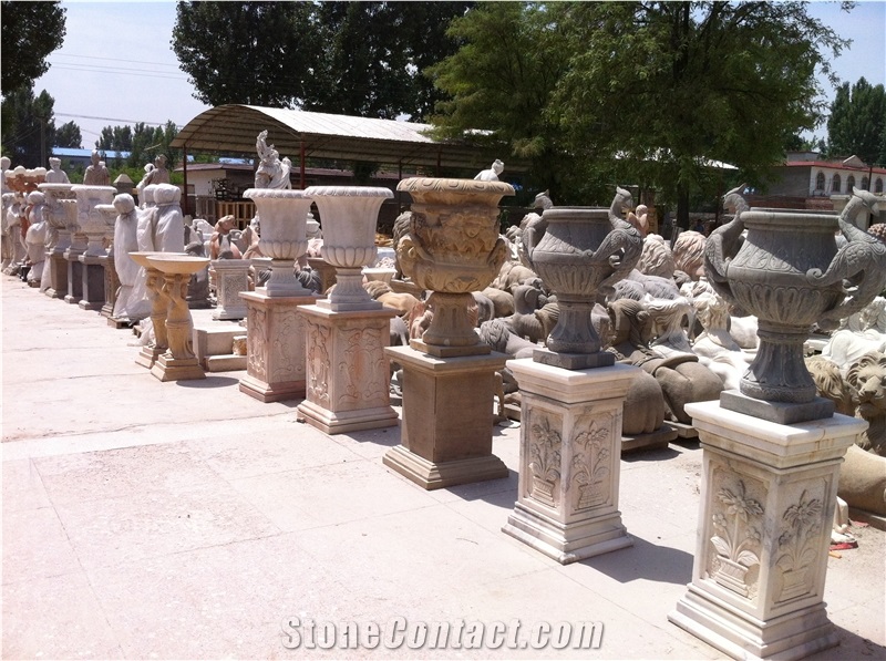 Hand Carved Marble Flower Pot with Pedestal