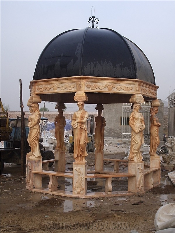 Hand Carved Marble Gazebo for Garden, Cloud Pink Marble Backyard Gazebo