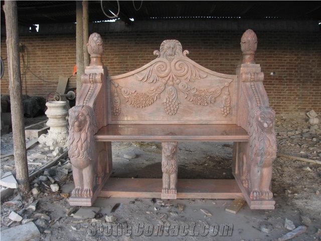 Hand Carved Pink Marble Bench for Garden, Pink Marble Bench & Table