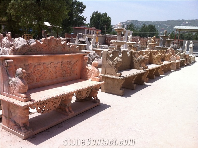 Hand Carved Pink Marble Bench for Garden, Pink Marble Bench & Table