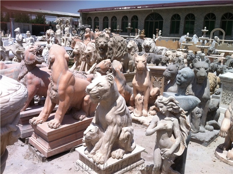 Hand Carved Pink Marble Tiger Statue Sculpture, Pink Marble Statues