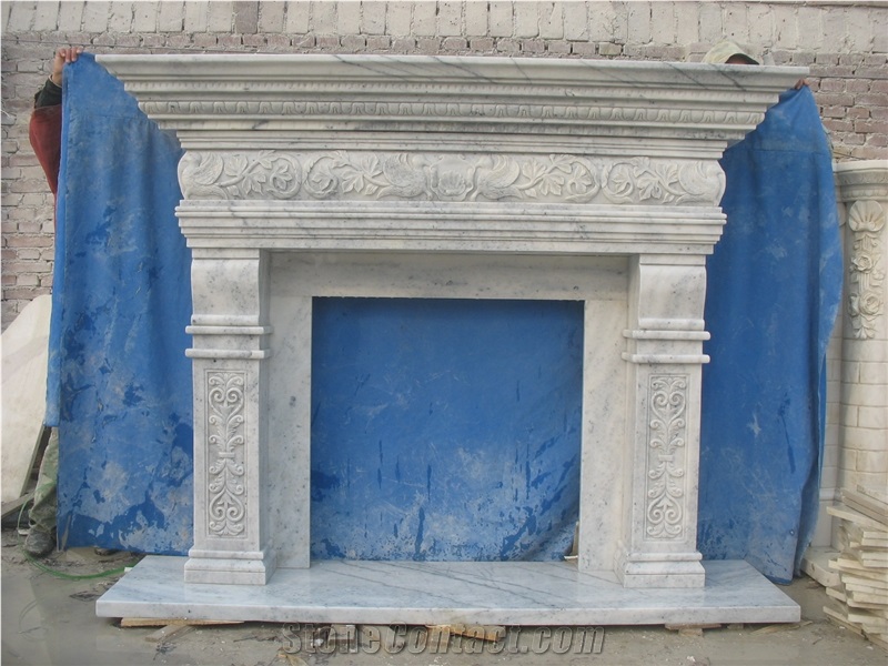 Hand Carved Solid White Marble Fireplace Mantel Flower Stone Hearth