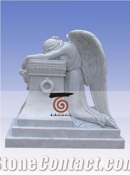 Hand Carved White Marble Angel Memorial Statue, Jade White Marble