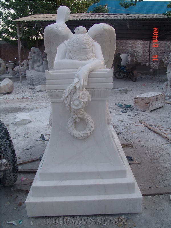 Hand Carved White Marble Angel Memorial Statue, Jade White Marble