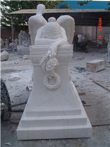 Hand Carved White Marble Angel Memorial Statue, Jade White Marble