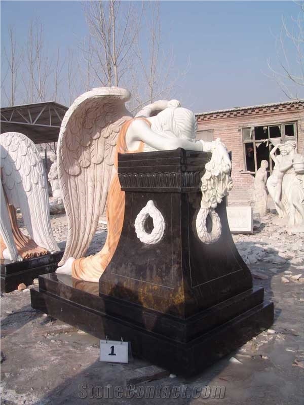 Hand Carved White Marble Angel Memorial Statue, Jade White Marble