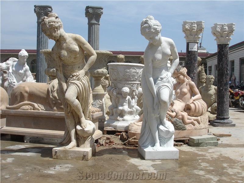 Hand Carved White Marble Western Statue Venus with Antique Finishing