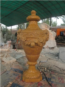 Hand Carved Yellow Marble Vase(Urn), Yellow Marble Flower Pot