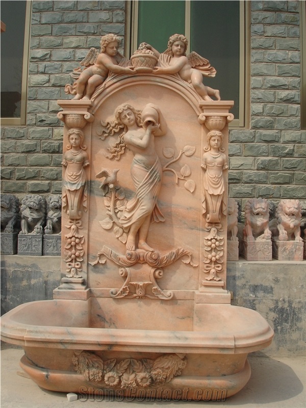 Wall Fountain for Garden, Pink Marble Fountain