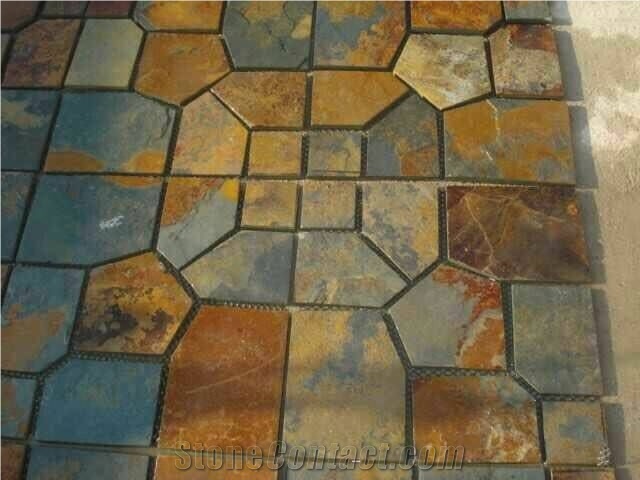 China Rusty Slate Crazy Paving,Slate Net Paste,Slate Paving on Mesh,Random Flag Stone, Rusty Slate Flagstone