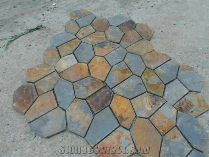 China Rusty Slate Crazy Paving,Slate Net Paste,Slate Paving on Mesh,Random Flag Stone, Rusty Slate Flagstone