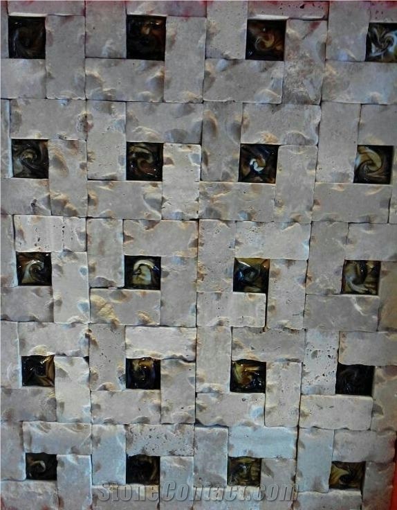 White with Black Pearl Antique Travertine Mosaic Premium