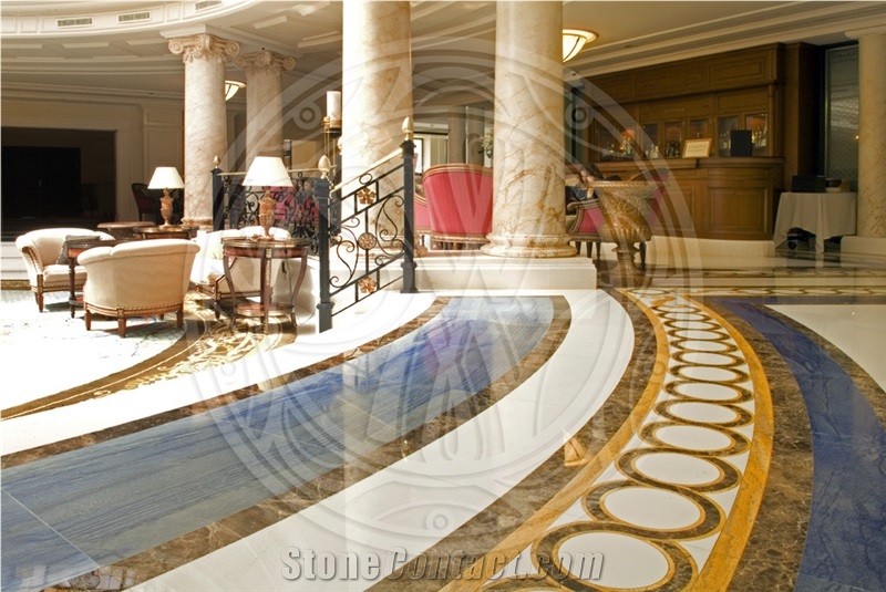Azul Macaubas Quartzite, Dark Emperador, Blanco Macael Inlay Waterjet Medallion