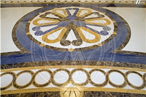 Azul Macaubas Quartzite, Dark Emperador, Blanco Macael Inlay Waterjet Medallion