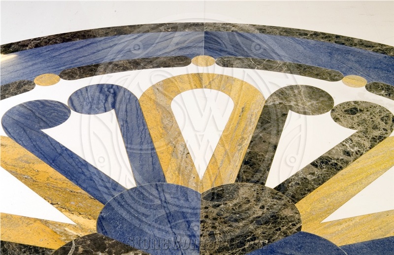 Azul Macaubas Quartzite, Dark Emperador, Blanco Macael Inlay Waterjet Medallion