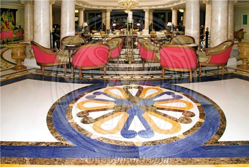 Azul Macaubas Quartzite, Dark Emperador, Blanco Macael Inlay Waterjet Medallion