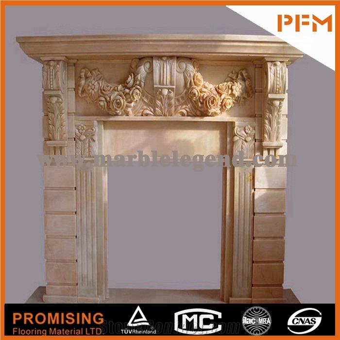 2015 New Design / Western / European Customized Figure / Creamo Bello Marble Beige Marble/ Hand Carving Sculptured Fireplace Mantel