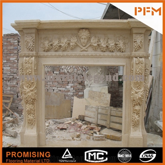2015 New Design / Western / European Customized Figure / Creamo Bello Marble Beige Marble/ Hand Carving Sculptured Fireplace Mantel