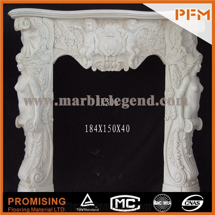 2015 New Design / Western / European Customized Figure / Hand Carving Sculptured Fireplace Mantel / Chinese High Quality Hunan Pure White Marble