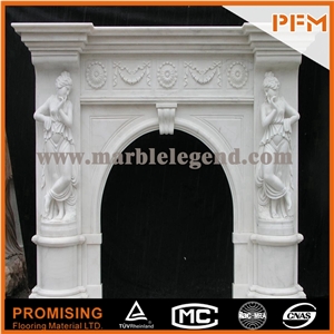 2015 New Design / Western / European Customized Figure / Hand Carving Sculptured Fireplace Mantel / Chinese High Quality Hunan Pure White Marble