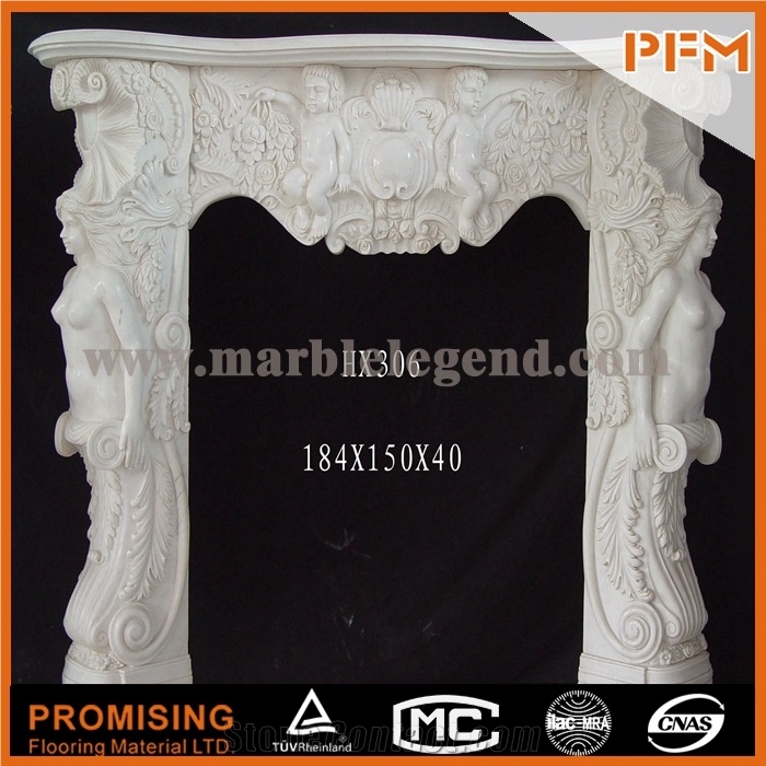 2015 New Design / Western / European Customized Figure / Pure White Marble Hand Carving Sculptured Fireplace Mantel