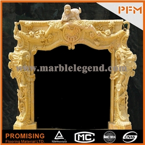 2015 New Design / Western / European Customized Figure / Yellow Gandomac Marble/Hand Carving Sculptured Fireplace Mantel
