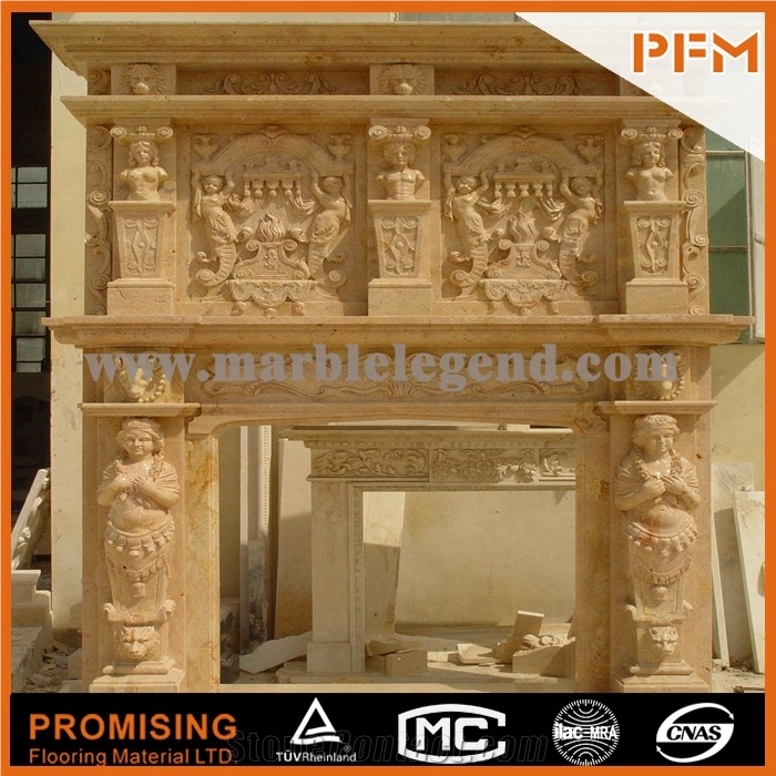 2015 New Design / Western / European Customized Figure / Yellow Gandomac Marble/Hand Carving Sculptured Fireplace Mantel