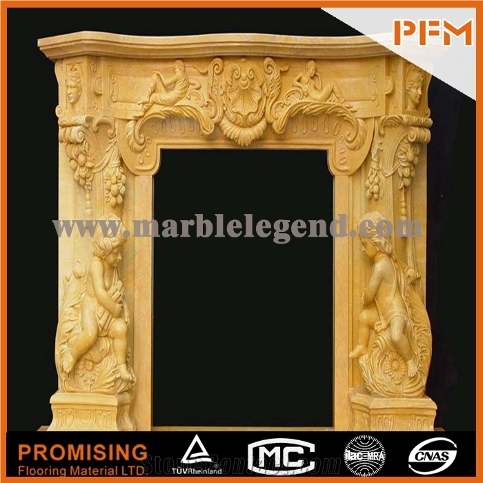 2015 New Design / Western / European Customized Figure / Yellow Gandomac Marble/Hand Carving Sculptured Fireplace Mantel