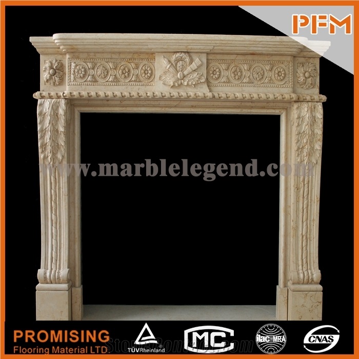 New Design / Western / European Customized Figure / Double-Deck Beige Marble/ Hand Carving Sculptured Fireplace Mantel