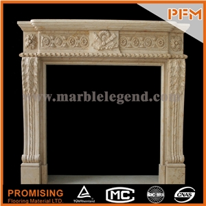 New Design / Western / European Customized Figure / Double-Deck Beige Marble/ Hand Carving Sculptured Fireplace Mantel
