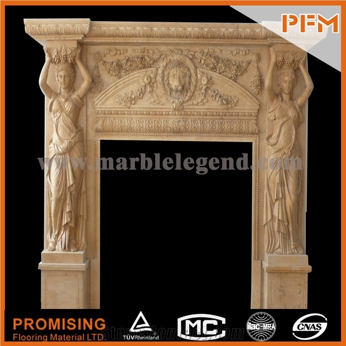 New Design / Western / European Customized Figure / Double-Deck Beige Marble/ Hand Carving Sculptured Fireplace Mantel