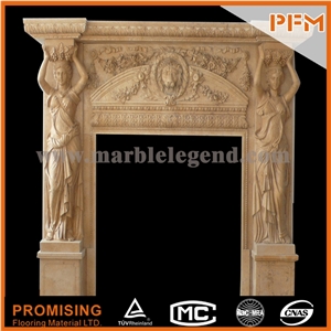 New Design / Western / European Customized Figure / Double-Deck Beige Marble/ Hand Carving Sculptured Fireplace Mantel