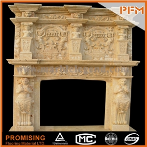 New Design / Western / European Customized Figure / Double-Deck Beige Marble/ Hand Carving Sculptured Fireplace Mantel