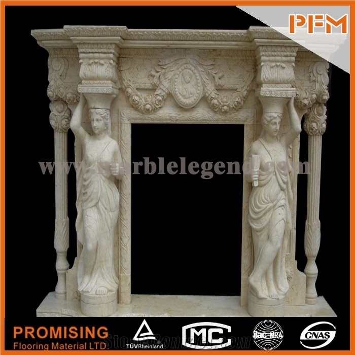 New Design / Western / European Customized Figure / Double-Deck Beige Marble/ Hand Carving Sculptured Fireplace Mantel