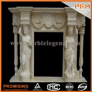 New Design / Western / European Customized Figure / Double-Deck Beige Marble/ Hand Carving Sculptured Fireplace Mantel