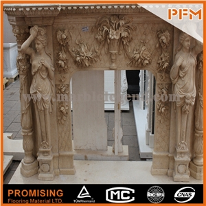 New Design Western European Customized Figure,Levadia Beige Marble High-End Beige Marble Hand Carving Sculptured Fireplace Mantel