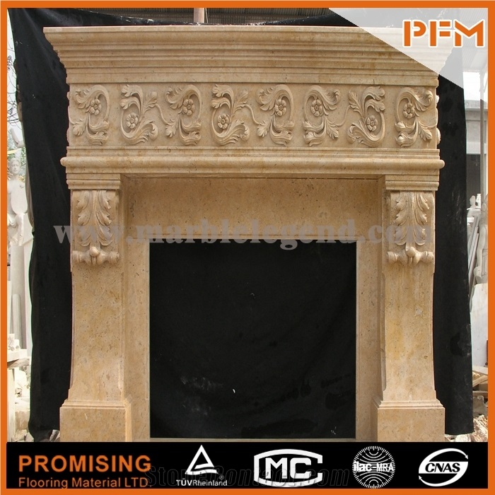 New Design / Western / European Customized Figure / Noble Beige Marble/ Hand Carving Sculptured Fireplace Mantel