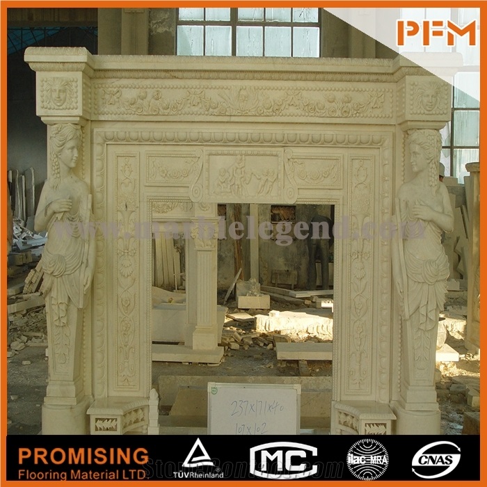 New Design / Western / European Customized Figure / Noble Beige Marble/ Hand Carving Sculptured Fireplace Mantel
