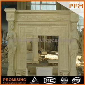 New Design / Western / European Customized Figure / Noble Beige Marble/ Hand Carving Sculptured Fireplace Mantel